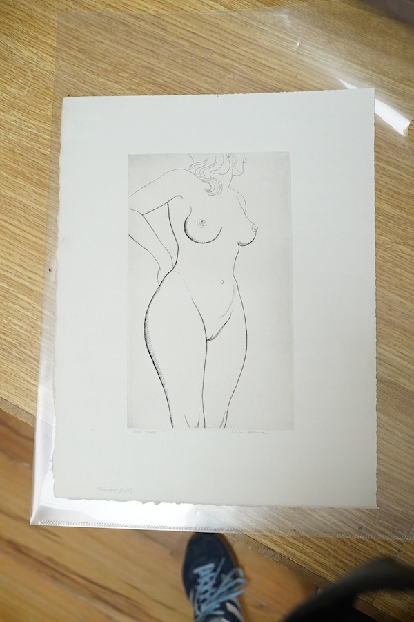 Edgar Holloway (1914-2008), drypoint etching, Standing nude, signed in pencil and inscribed Trial Proof (touched proof), 23 x 13.5cm. Condition - good, not mounted. Sheet 33 x 26cm.